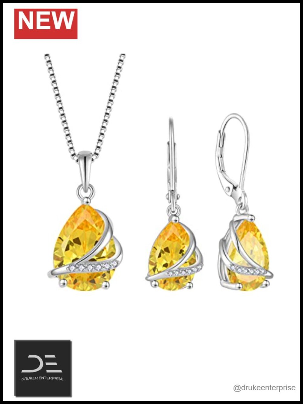 925 Sterling Silver Citrine Necklace Earrings Set Teardrop November Birthstone